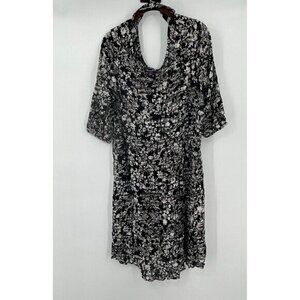 Roamans Dress 12 Womens Black White Floral Crinkle Dress Flower Floral High Neck